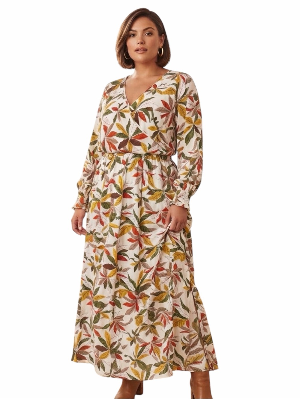 First Love Floral Leaf Print Surplice Wrap Maxi Dress Long Sleeve Ivory Size 1X